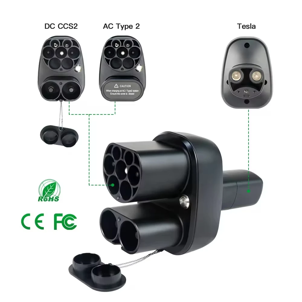 CCS2 to Type 2 to NACS Tesla Adapter, DC&AC 2-in-1 adapter 250kW for Model 3/X/Y/S For US Tesla in Europe fast charging