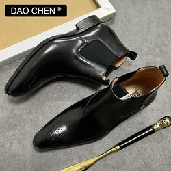 LUXURY MEN'S LEATHER BOOTS BLACK BURGUNDY SLIP ON ANKLE BOOTS CASUAL MEN DRESS SHOE OFFICE WEDDING CHELSEA BOOTS FOR MEN