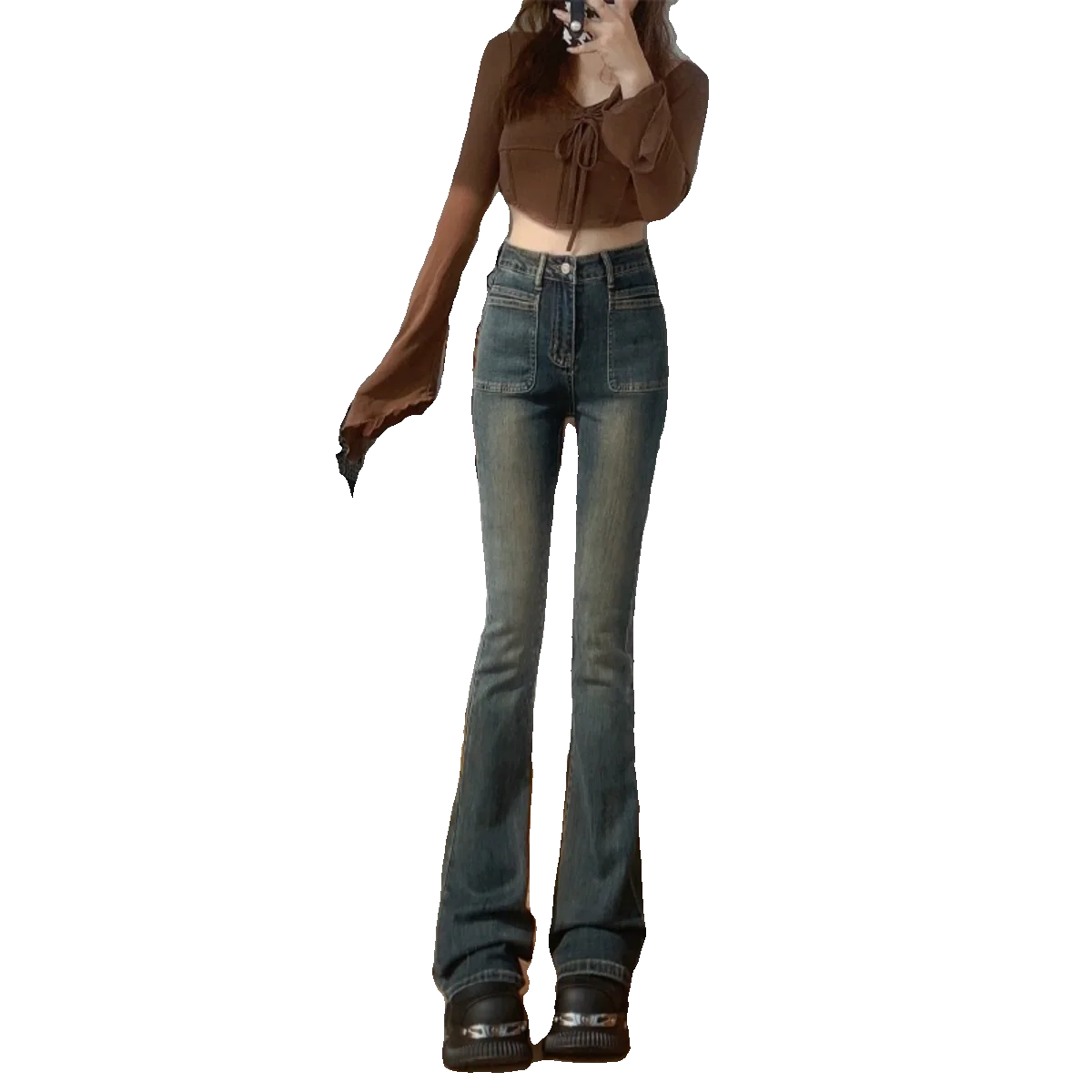 High Waist Wide Leg Micro Flared Jeans Women's Bootcut Elastic Slimming Long Pants Cotton Stretch Denim Blue Jeans