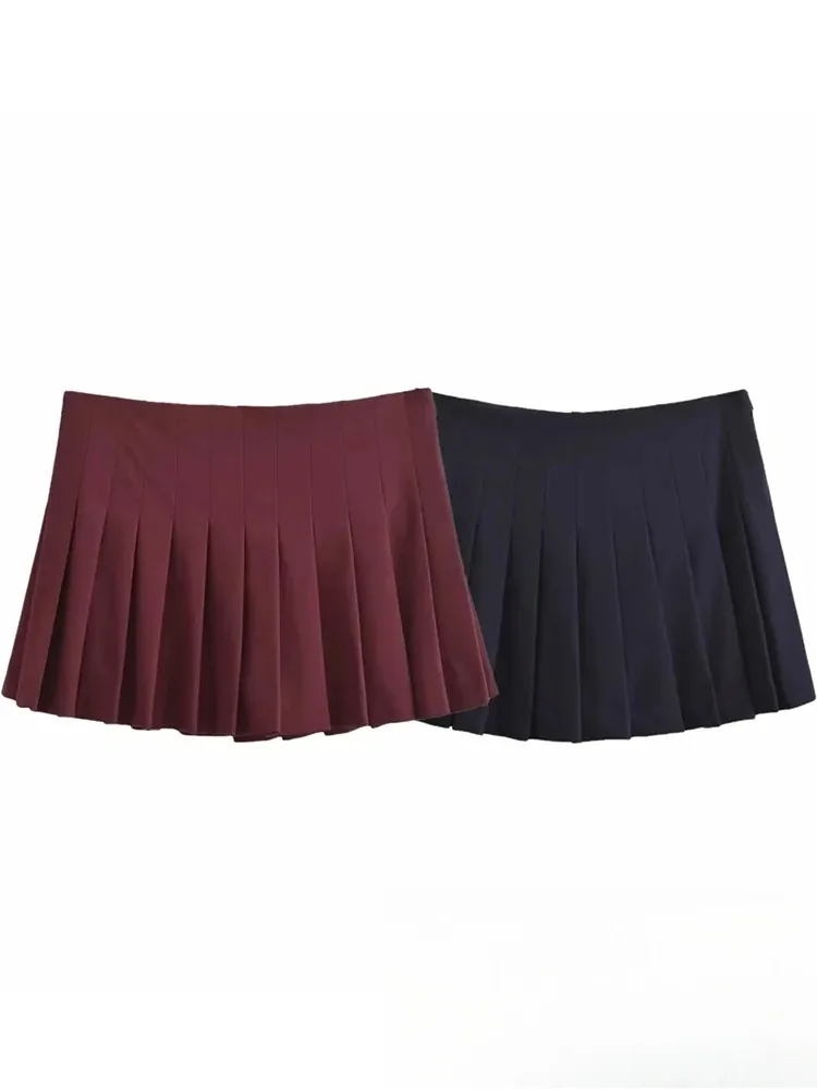 KONDALA Vintage Casual Chic Burgundy Women Skirt Solid Zippers Short Pleated Skirt Fashion 2025 Autumn Y2K Girl Mini Skirt