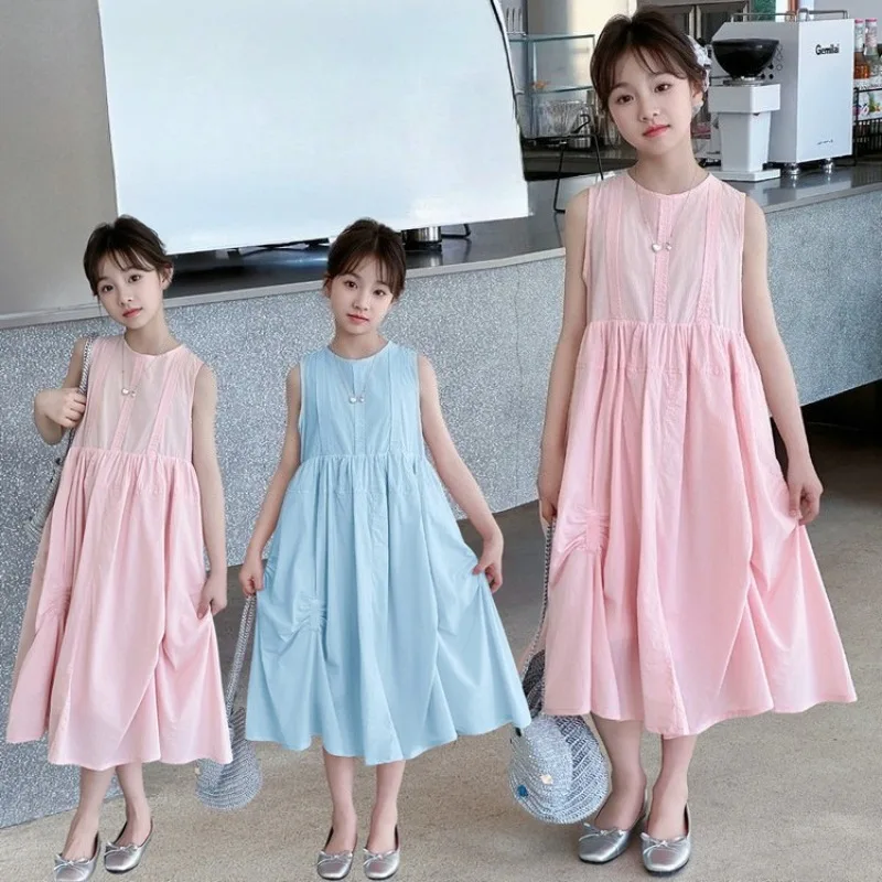 

Girls Summer Sweet Dress Fashion Kids Blue Sleeveless Soft Cotton Large Skirt Children Knee-length Dresses 2025 New