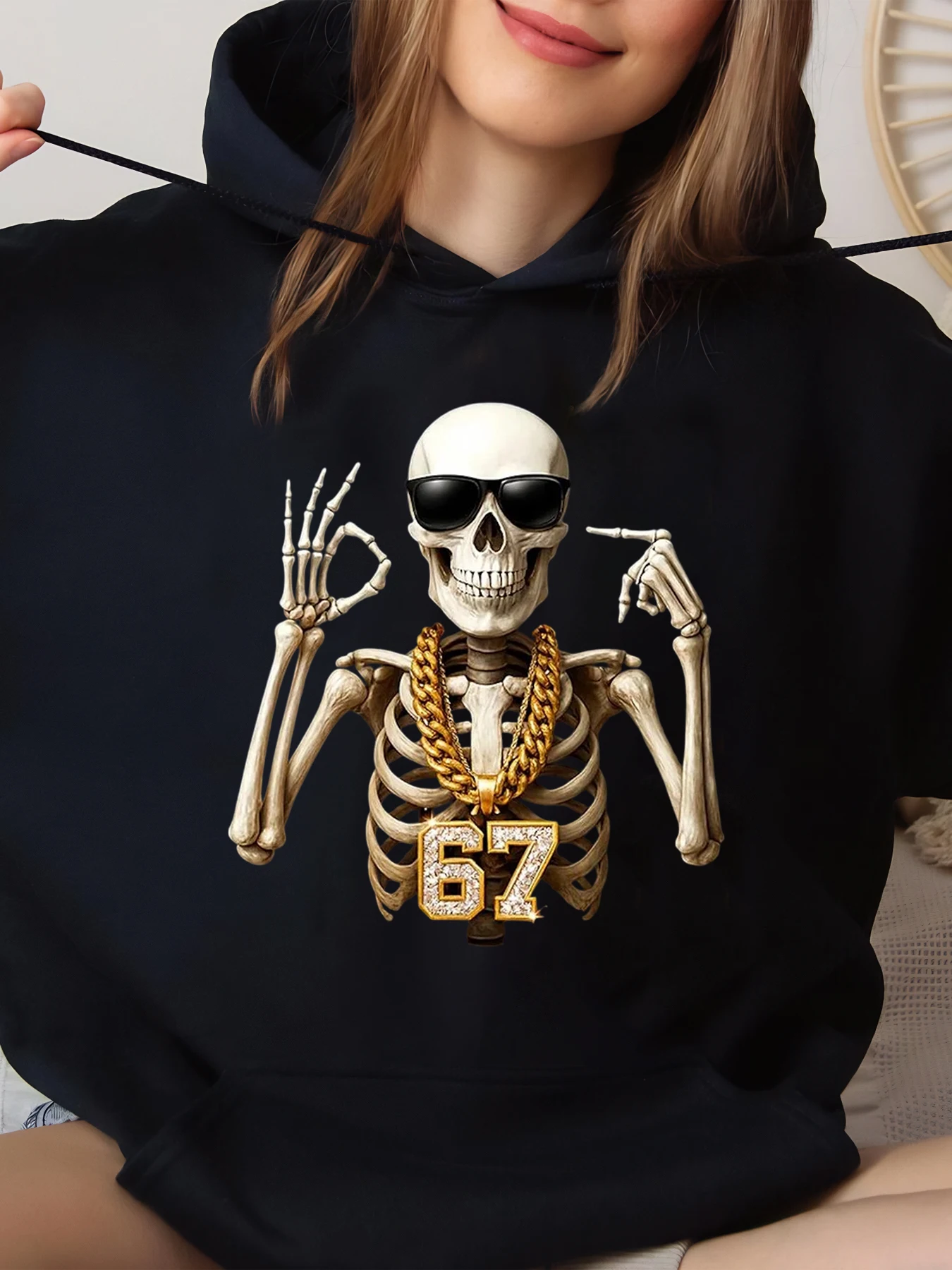 

Толстовка со скелетом и золотой цепочкой и принтом 67, толстовка с капюшоном на Хэллоуин для повседневной одежды, черный, большой размер
