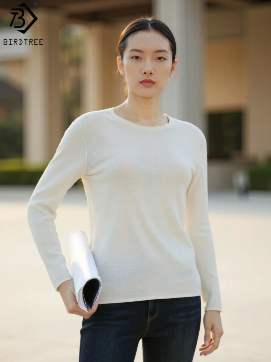 

Birdtree 100% Sheep Wool Seamless Sweater,Woman Worsted Spinning O-neck Long Sleeve Solid Knitwear Tops,2025 Autumn T58228JF