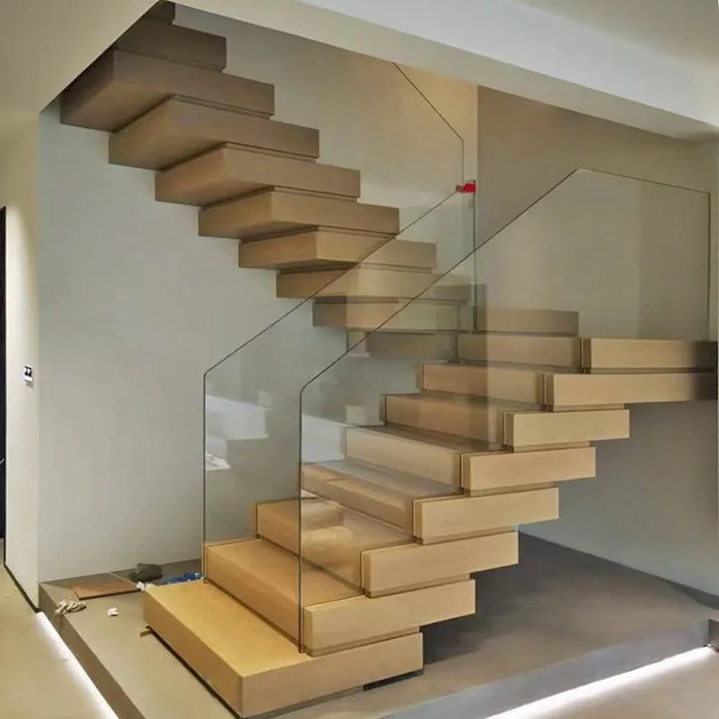 Customization Modern Indoor Stacked Solid Wood Staircase Step Design with Durable Glass Railings Made in China