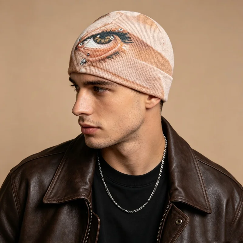 Unisex Autumn Winter Knit Beanie, Airbrush Printed Pierced Eye Art Streetwear Warm Skullcap