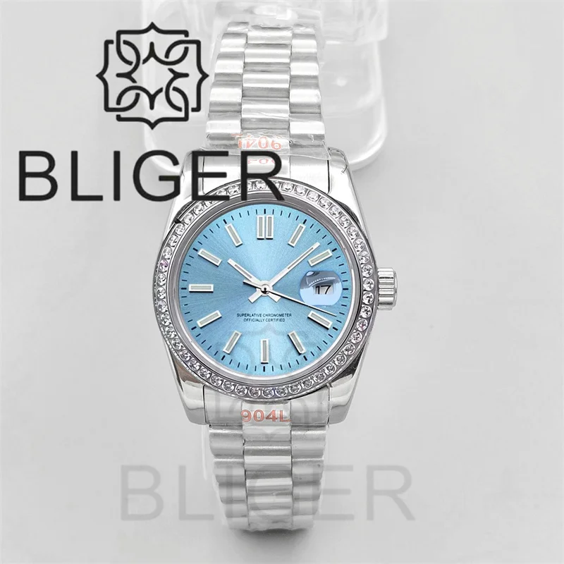 

Роскошные женские часы BLIGER, 31 мм, украшенные бриллиантами, безель, Sunburst, ледяной небесно-голубой циферблат, сапфировое стекло, водонепроницаемые, NH05, механизм, дата