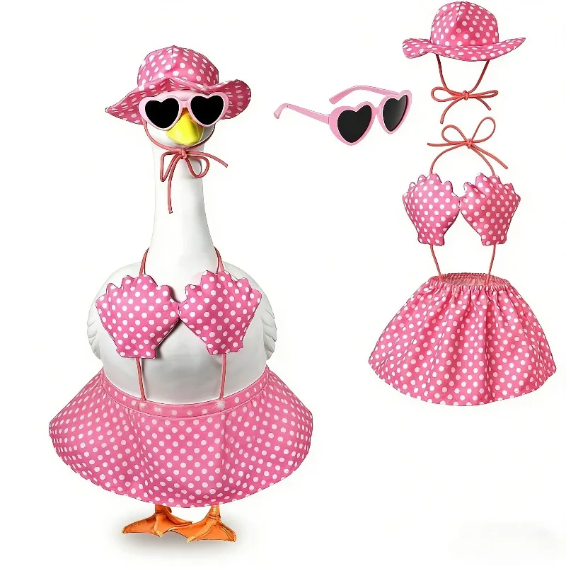 Pink Hawaiian Porch Goose Outfits, White Polka Dot Pattern Suit with Sunglasses And a Hat Applicable to 23 Inch for Cement Goose Outdoor Garden Yard Decor