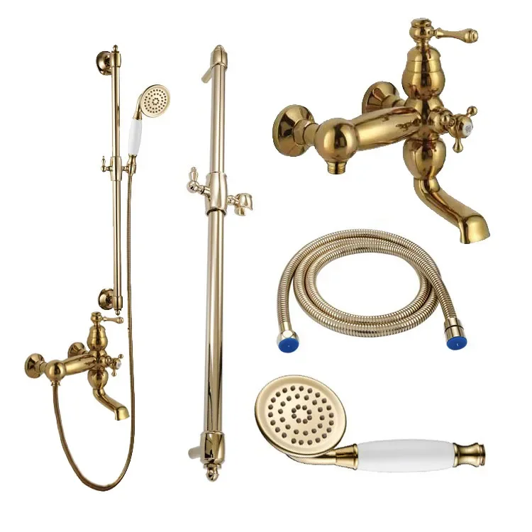 Bathroom European style British vintage double hole wall-mounted bathtub shower copper faucet one-handed shower