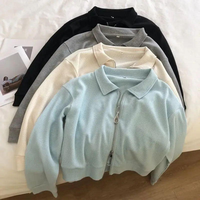 Zipper Hoodie Jacket  Collar Short Loose Female Student Spring Autumn New Style Harajuku Style Ins Trendy Polyester Fiber