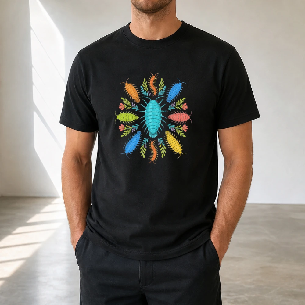 Colorful Rainbow Isopod Bug Mandala Graphic Mens T‑Shirt Woodlouse Insect Nature Wildlife Retro Casual Outdoor Short Sleeve Tee