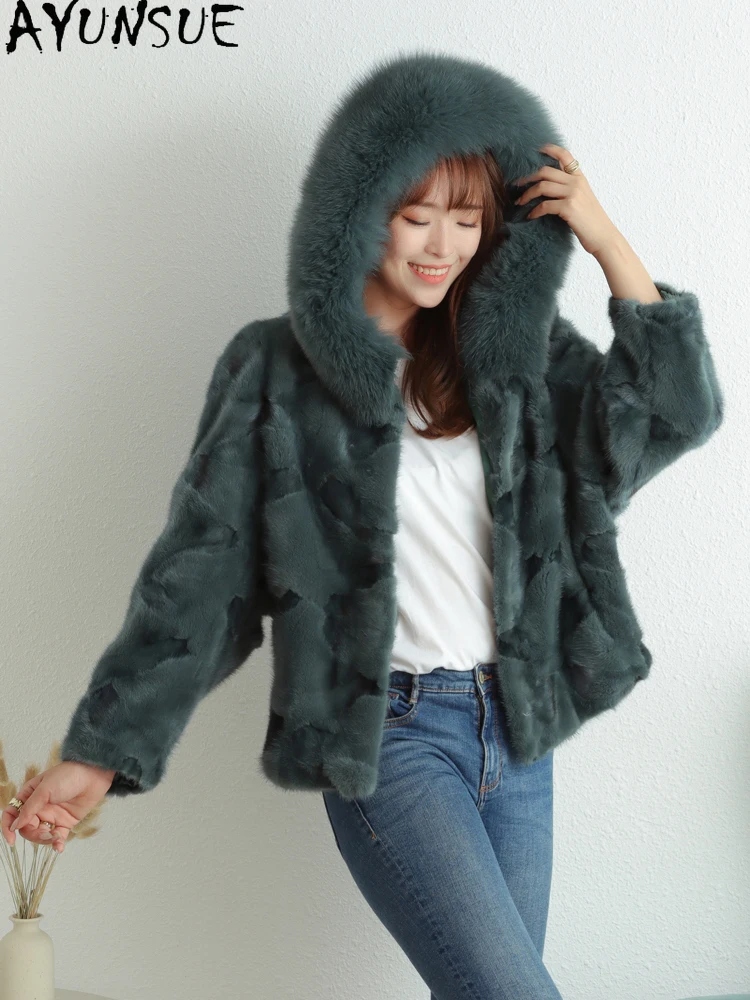 

AYUNSUE 2025 Новая женская куртка из натурального норкового меха, роскошные зимние куртки из цельного норкового лисьего меха для женской одежды с капюшоном Шуба Женская