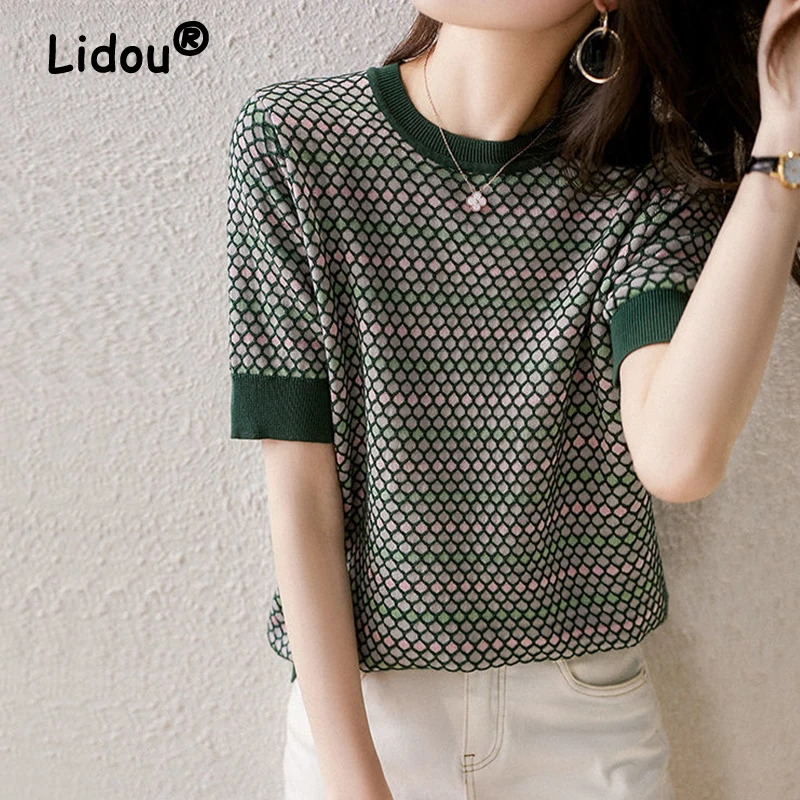 Summer Plaid All-match Women Clothing Trend Patchwork Loose Temperament Knitting Top Tee Women O-neck Vintage Simple T-Shirt