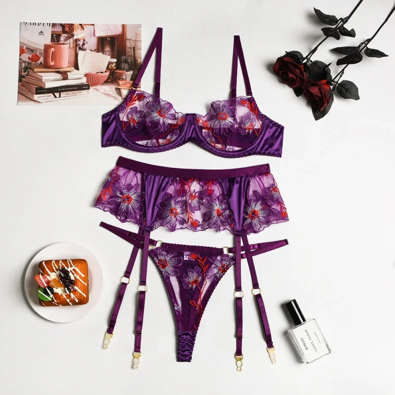 Sexy bikini lingerie flower embroidery three-piece suit with steel ring uniform temptation