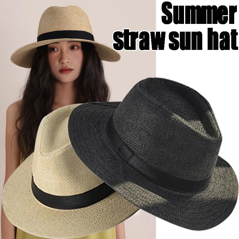 Beach Vacation Panama Jazz Hat Summer Sunscreen Handwoven Straw Sun Hat Men Elegant Women Hawaii Casual Sunshade Gangster Cap