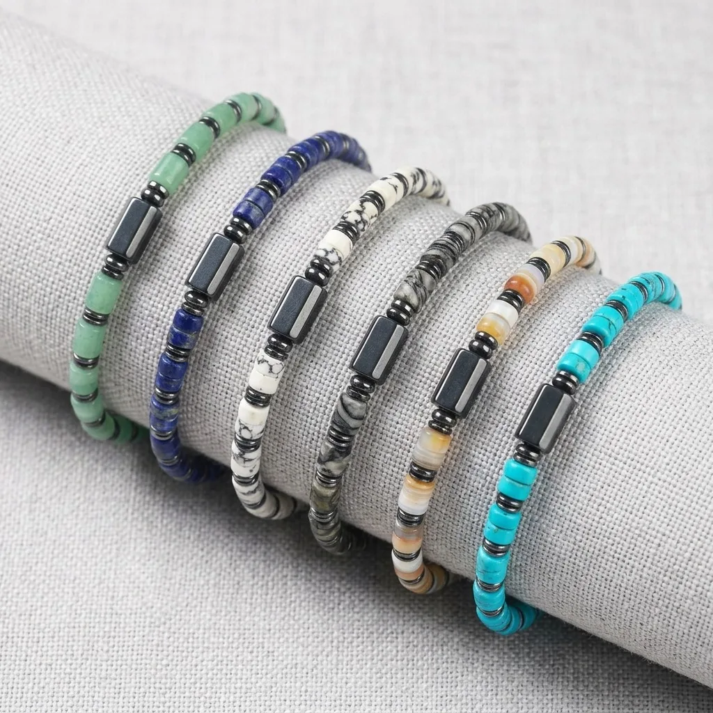 Natural Amazonite Hematite Spacer Bead Bracelet for Men Women Mixed Stone Beaded Stretch Nature Stones Boho Jewelry Gift