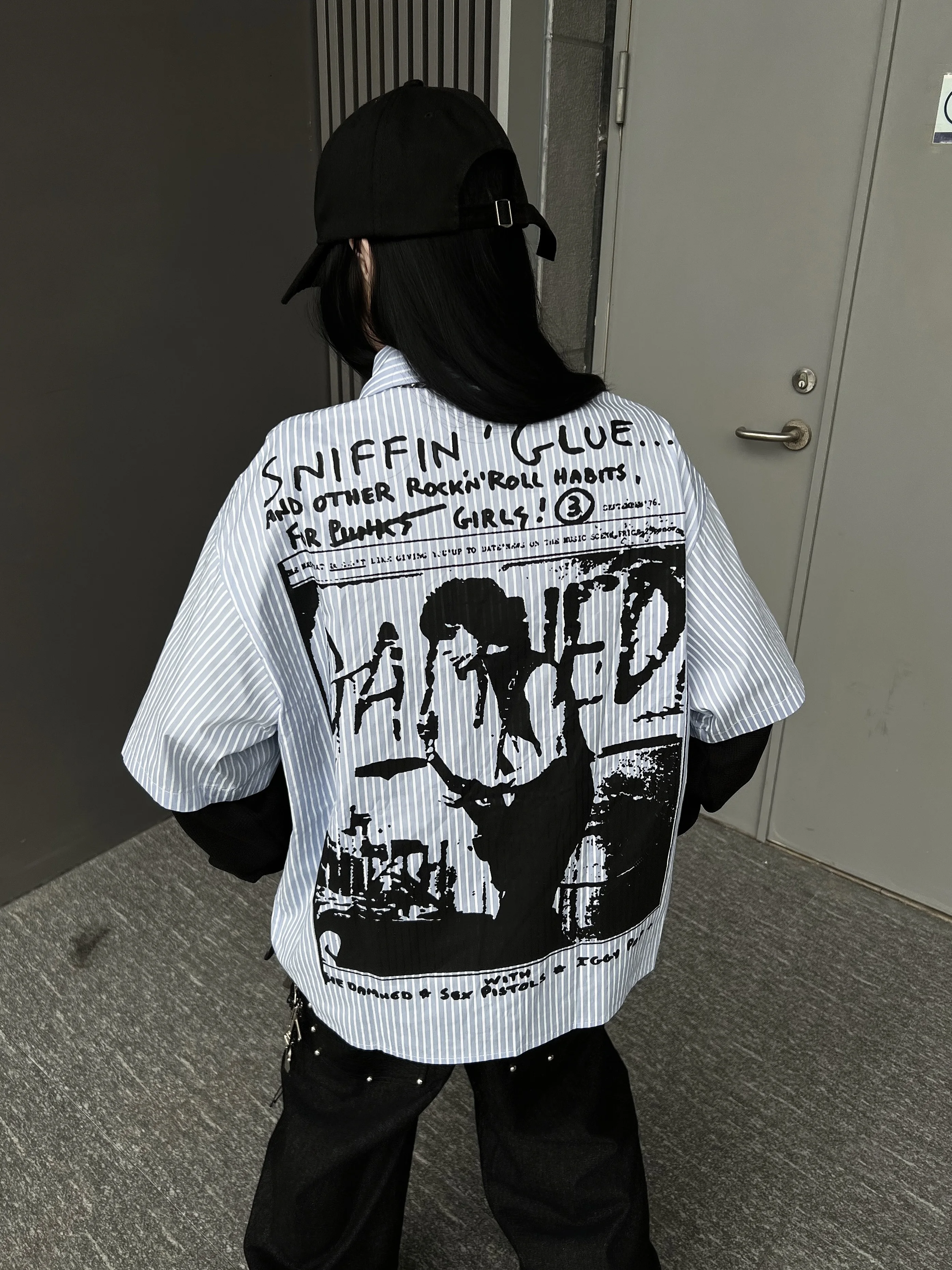 American Street Style Loose Fit Striped Shirt Printed Base Layer Shirt Turn-down Collar Fake Two-Piece Design Men's Casual Shirt