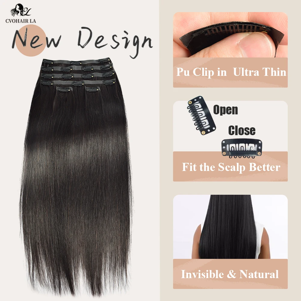 مستقيم سلس كليب Ins 100% وصلات شعر بشري بولي Clip كليب Ins الشعر التمديد للنساء كامل الرأس 120 جرام اللون الأسود الطبيعي