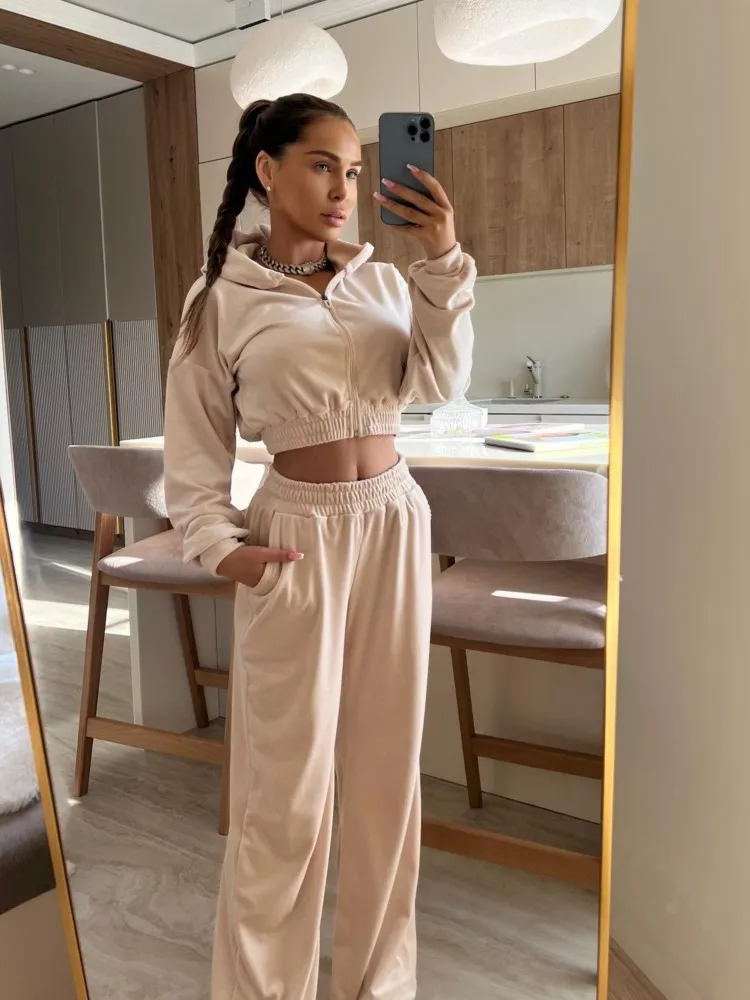 Streetwear Short Hoodie And Wide Leg Pant Sets Velvet Women Suit Solid Fashion Sweatshirt High Waist Trouser Woman Tracksuit