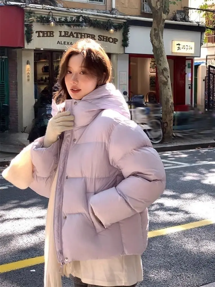 Korean Fashion Women Winter Down Puffer Coat Faux Fur Collar Loose Fit Parka Y2K Warm Windproof Vintage Casual Outerwear Jacket