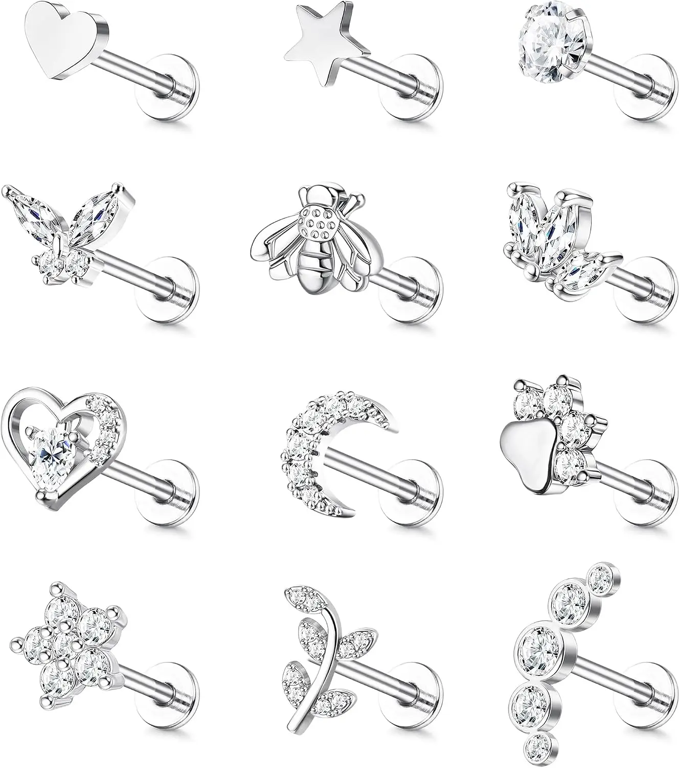 ORAZIO 12Pcs 16G Internal Thread Steel Studs CZ Moon Star Heart Leaf Hypoallergenic Tragus Helix Labret Jewelry Women Daily Gift
