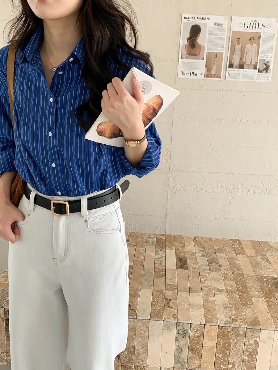 

Spring and Autumn Women's Casual Striped Collar Long Sleeve Loose Shirt