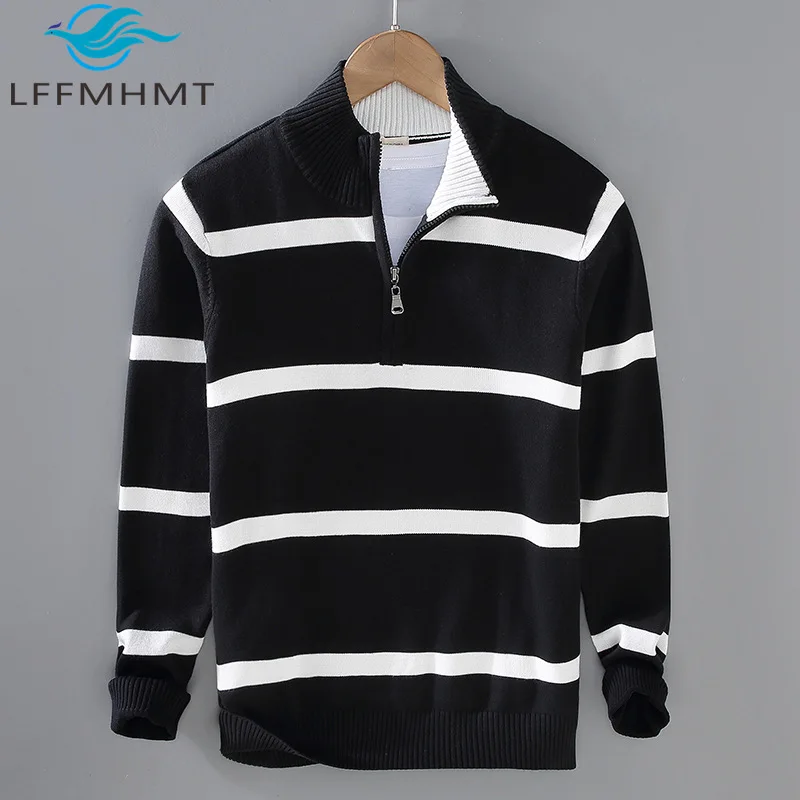 

Мужской полосатый вязаный свитер 8502, воротник-поло на молнии, осень-зима, повседневный британский стиль