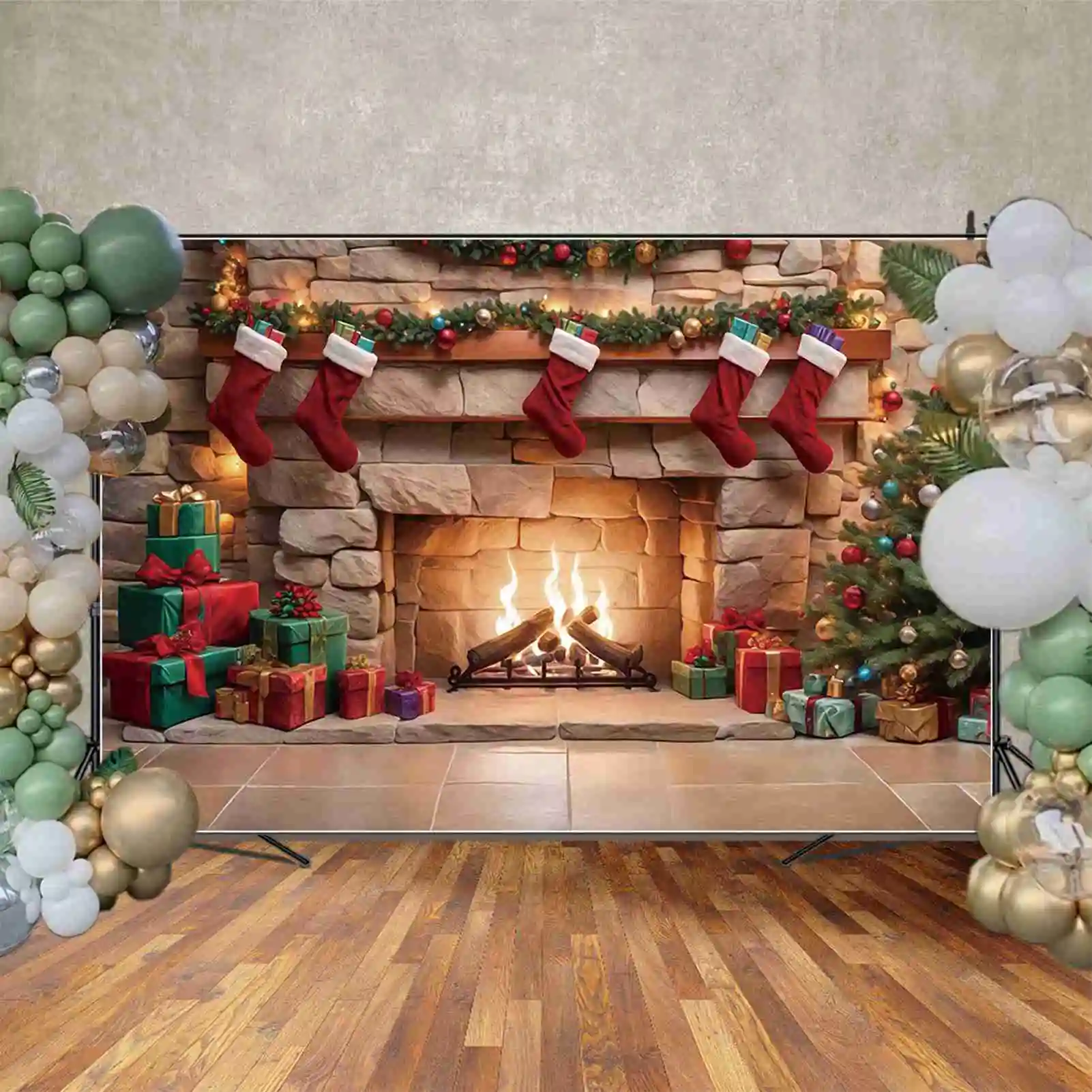 MOON.QG Christmas Brick Fireplace Photography Backdrop Happy New Year Photo Background Professional Studio Photobooth Supplies