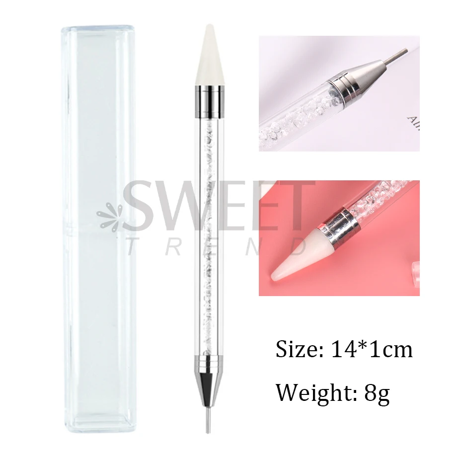 1szt Dwustronny długopis do kropkowania paznokci Kryształowe koraliki Uchwyt Rhinestone Studs Picker Wax Pencil Gel UV Brush Manicure Nail Art Tools