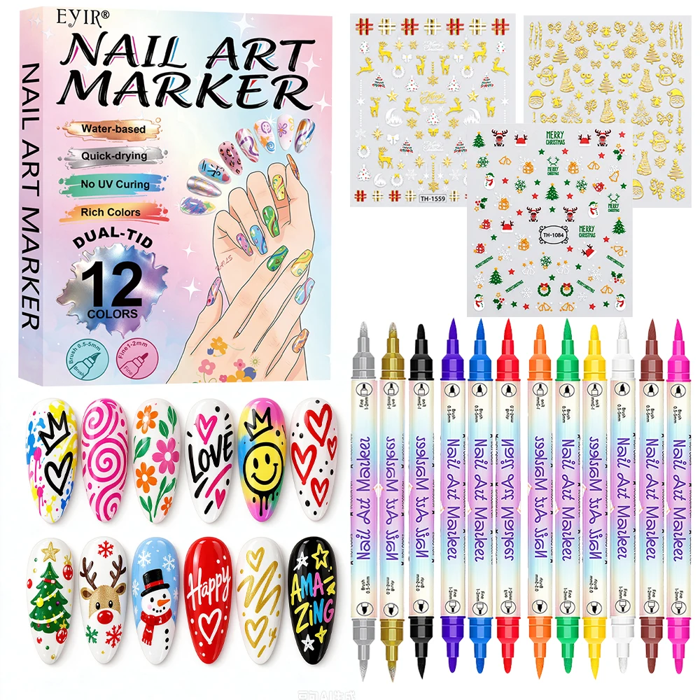 12 Colors Nail Art Marker Pens Set with 3 Christmas Nail Stickers Dual Tip 0.5mm Fine Tip Drawing Painting Pens for DIY Manicure