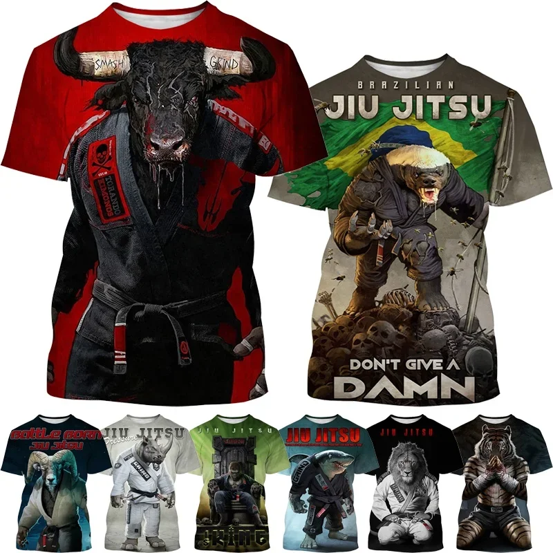 

New Short Sleeve Harajuku Style Brazilian Jiu-jitsu Tough Guy Animal T-shirt Men's and Kids Jiu-jitsu Enthusiast Streetwear Tops