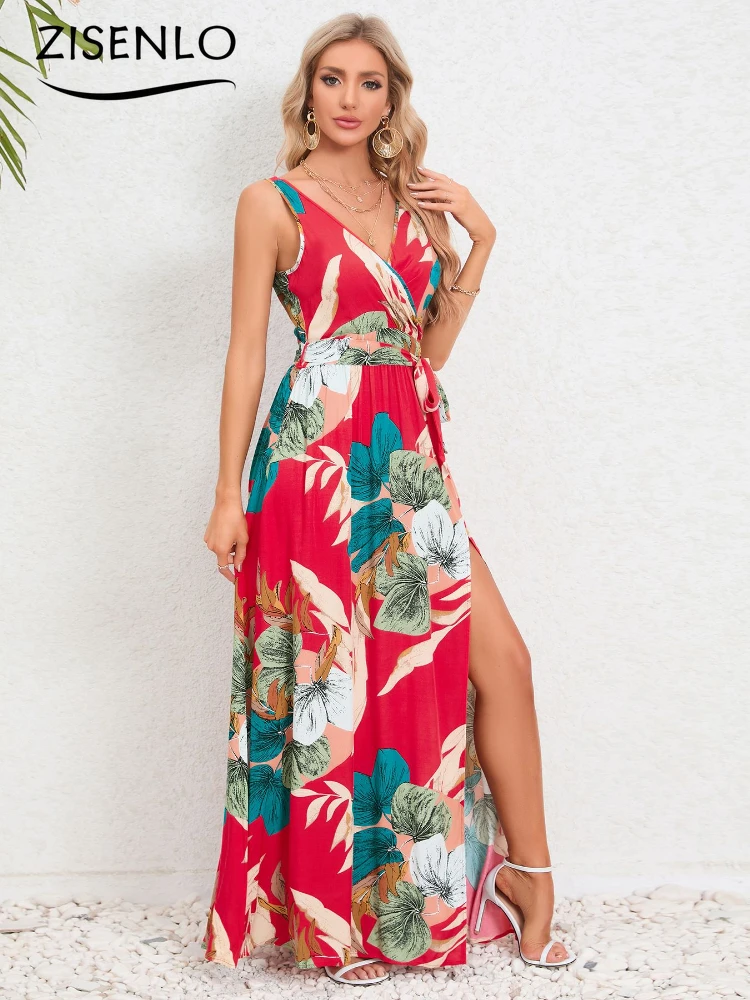 

Elegant Dresses for Women Summer New V-Neck Sleeveless Slit Printed Long Halter Dresses Vestidos De Tricô Femenino Bodycon Dress