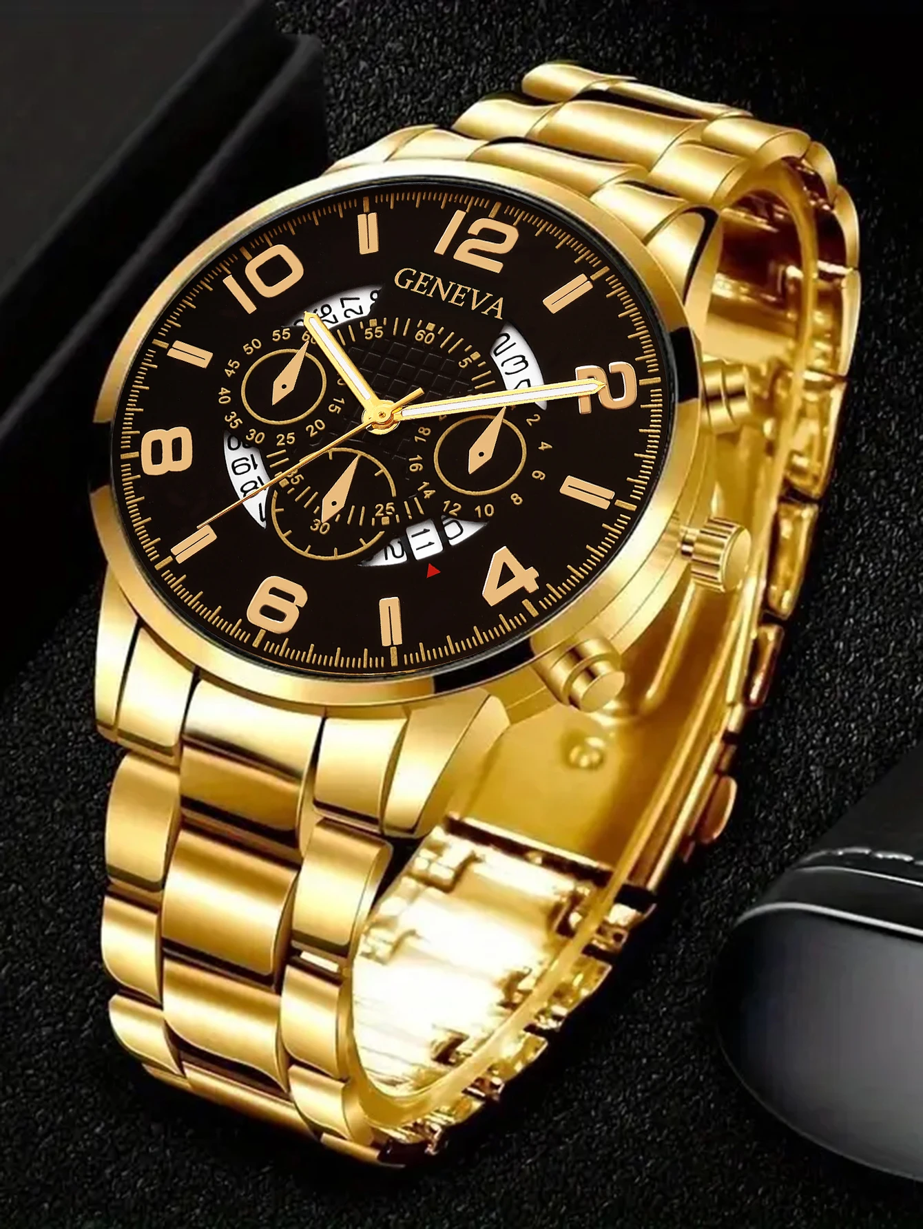 ゴールデン三つ目ピエロデザインメンズカレンダービジネスクォーツ時計とネックレス、リング、ブレスレットセット - 誕生日プレゼント