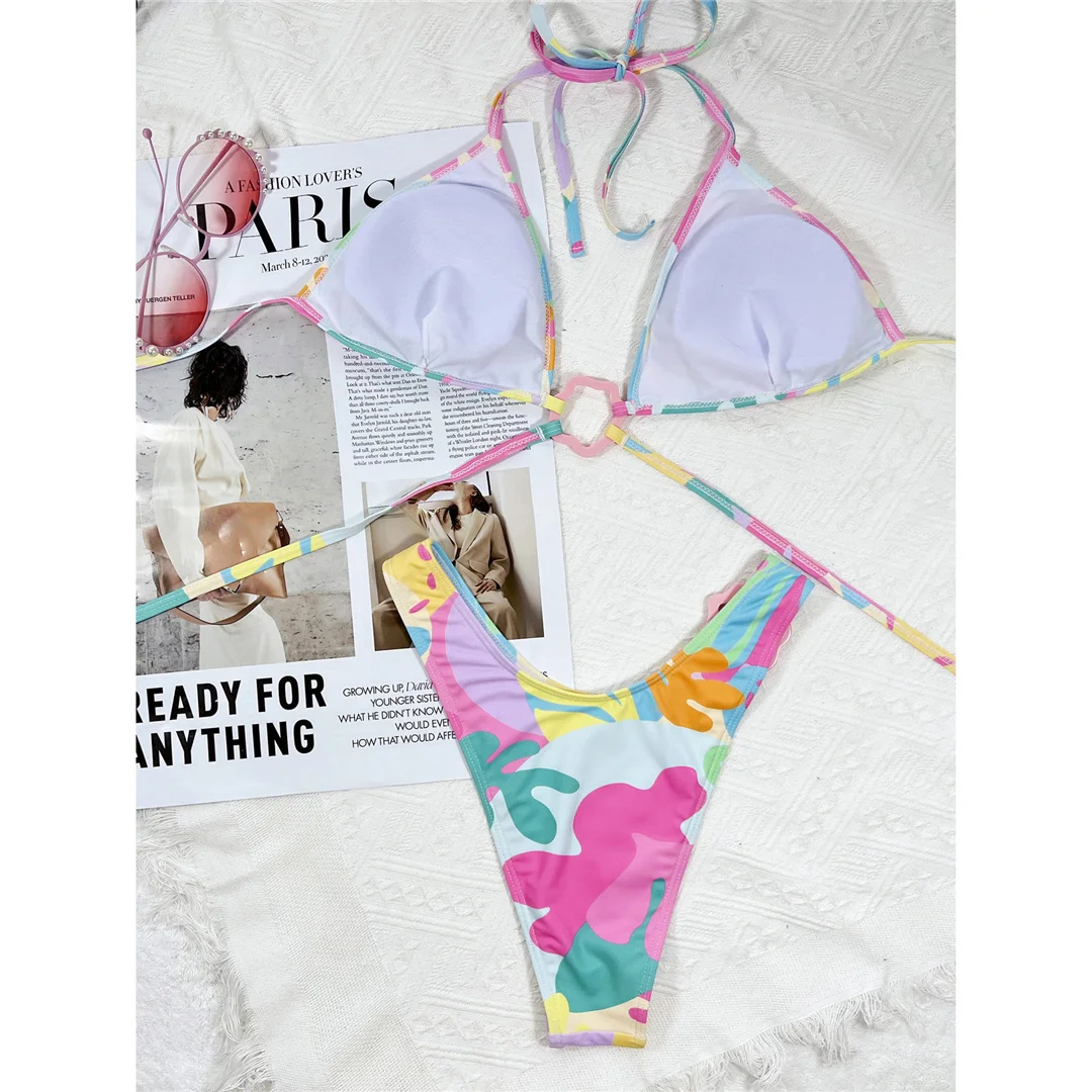 Neuer, aufregender, farbenfroher Bikini mit hohem Beinausschnitt, Damen-Badeanzug, zweiteiliges Bikini-Set, Badebekleidung, Badeanzug, Modell V4049. – Detail 11