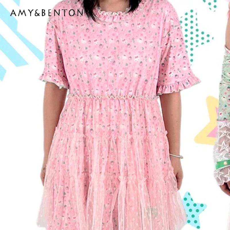 

Original Design Pink Cute Bow Print Women's Dress 2025 Summer New Japanese Loose Slimming Mesh Splicing Short Dresses Ladies