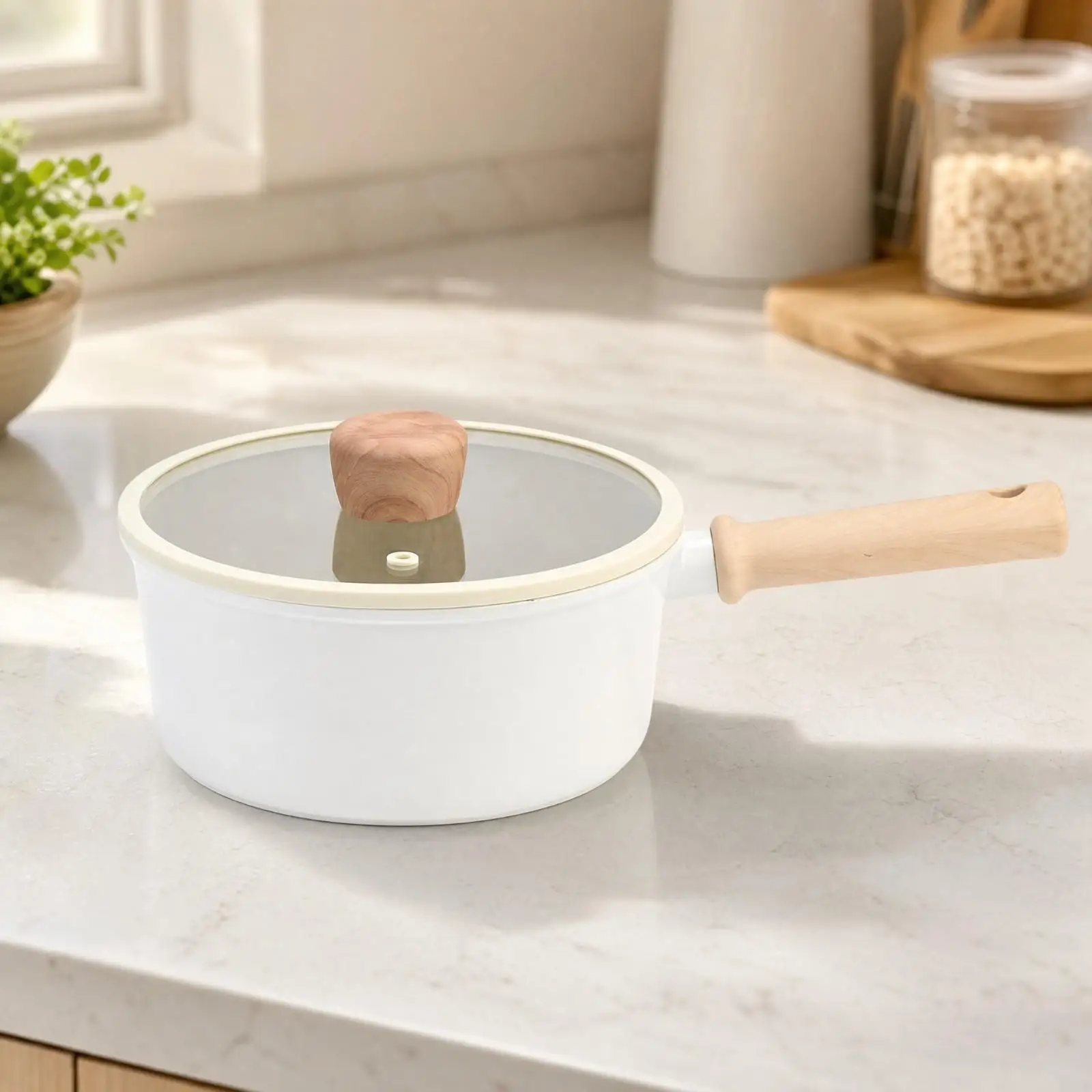 Saucepan with Wood-Look Handle Easy to Clean Nonstick Saucepan Space-Saving Cooking Pot for Home Cooks, Families, Simmering,
