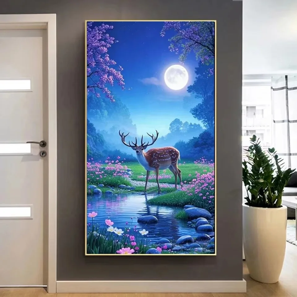 

5D драгоценности, большая алмазная живопись, Крик Луна, олень, пейзаж, 5D Diy, полная мозаика, вышивка, поток леса, картина, настенный декор