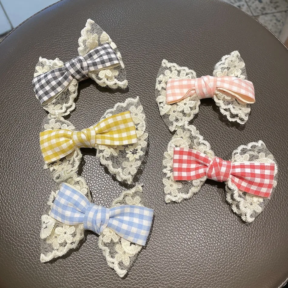 

Little Children Hair Clip Fabric Lace Checkered Bow for Girls Hairpin Clip Bow Lace Hairpin Children Lolita Bow Hair Clips ZX07
