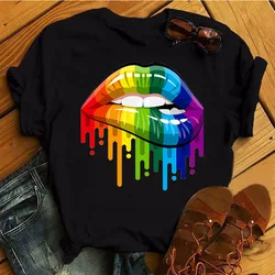 Camiseta colorida com estampa bucal feminina, tops de manga curta, camiseta gráfica feminina, camisas femininas, roupas pretas, nova