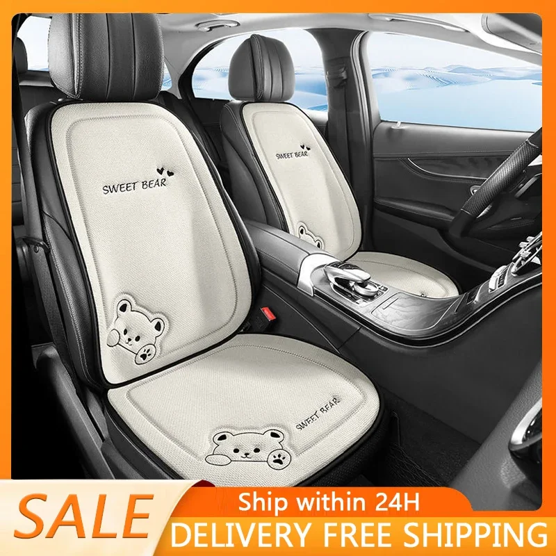 

Fashion Luxury Car Seat Cushion Linen Cartoon Bear Women's Cute Anti-slip Breathable Car Seat Protect Cushion Cover Universal