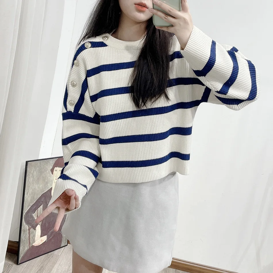 Autumn Striped Sweaters Women Viscose Navy Style Pullover Thickened Loose Knitting Office Ladies High-end Metal Buckle Clothes