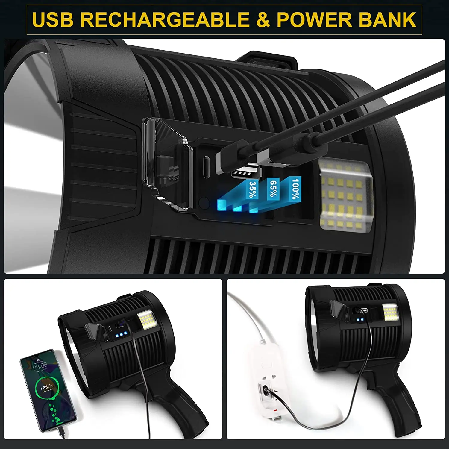 USB recarregável Solar lanterna LED, holofotes portáteis ao ar livre para caça, Boating Power Bank, Holofote Camping, 100000LM