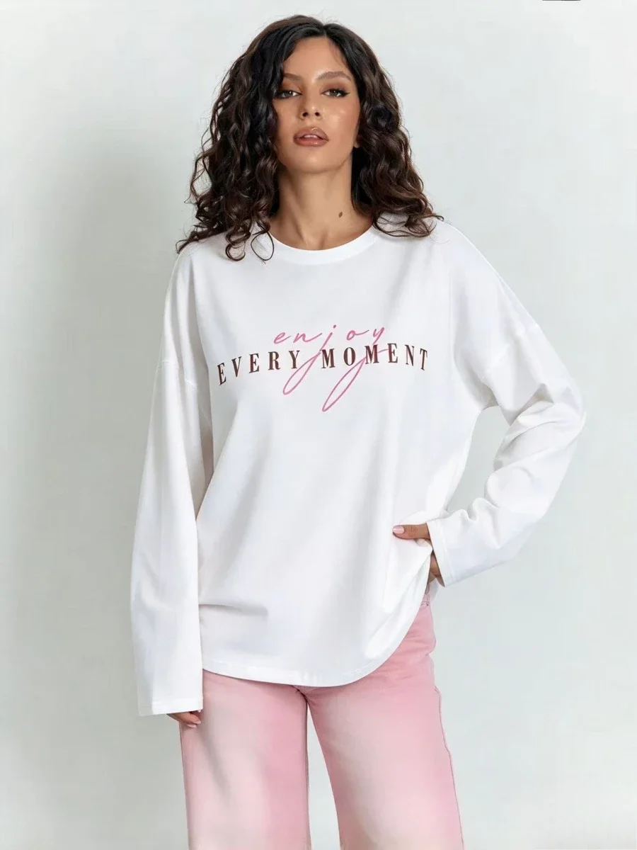 100% Cotton Women's Chic T-Shirt Enjoy Every Moment Letter Print Long Sleeve Spring Autumn Casual Basic Base Layer Top