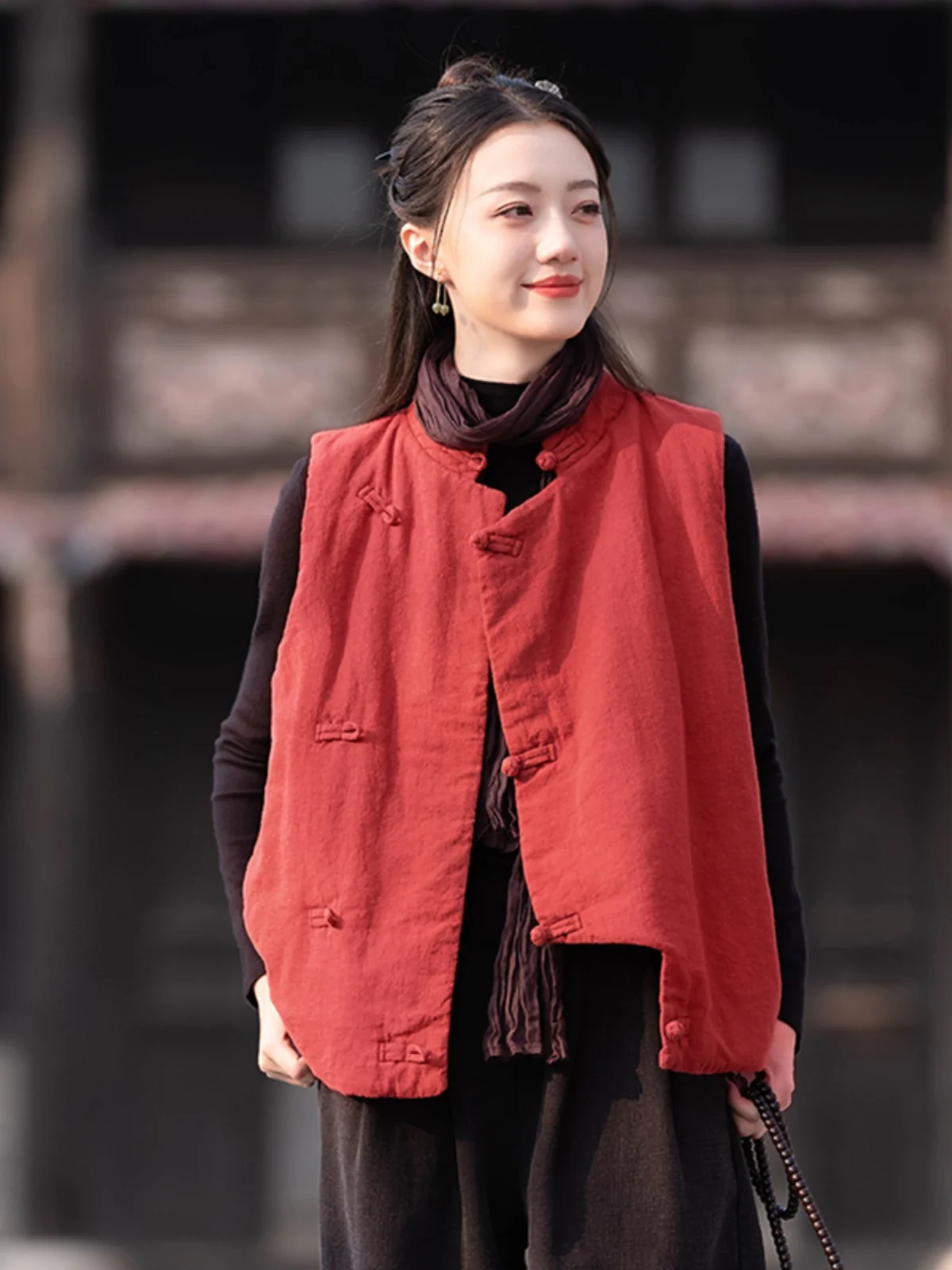 Thickened Linen Vest Women's Winter New Style Stand Collar Ethnic Style Shoulder Pad Handmade Button Cotton Linen Retro Jacket