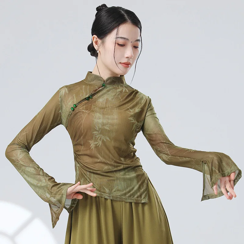 UMI MAO Chinese New Chinese Top Slim Classical Dance Ink Painting Mesh Improved Cheongsam Flared Sleeve Modern Dance Tops