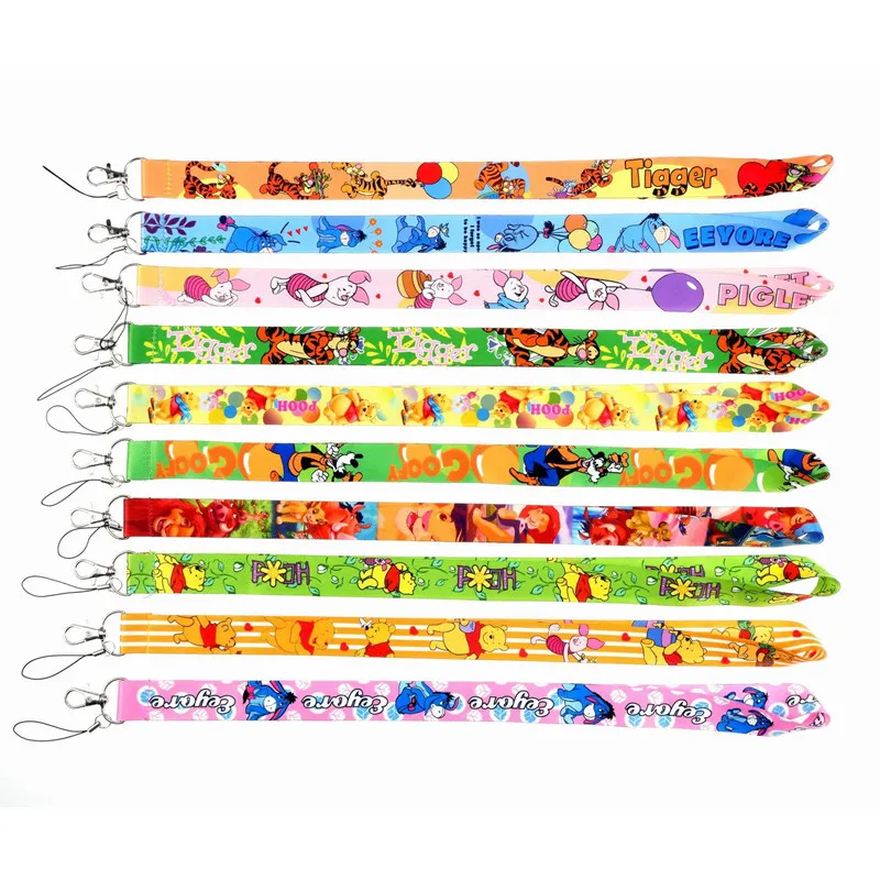 10PCS Winnie The Pooh Mobile Phone Lanyard For ID Card Gym USB Badge Holder Car Key Cartoon Neck Wrist Band Anti-lost Strap