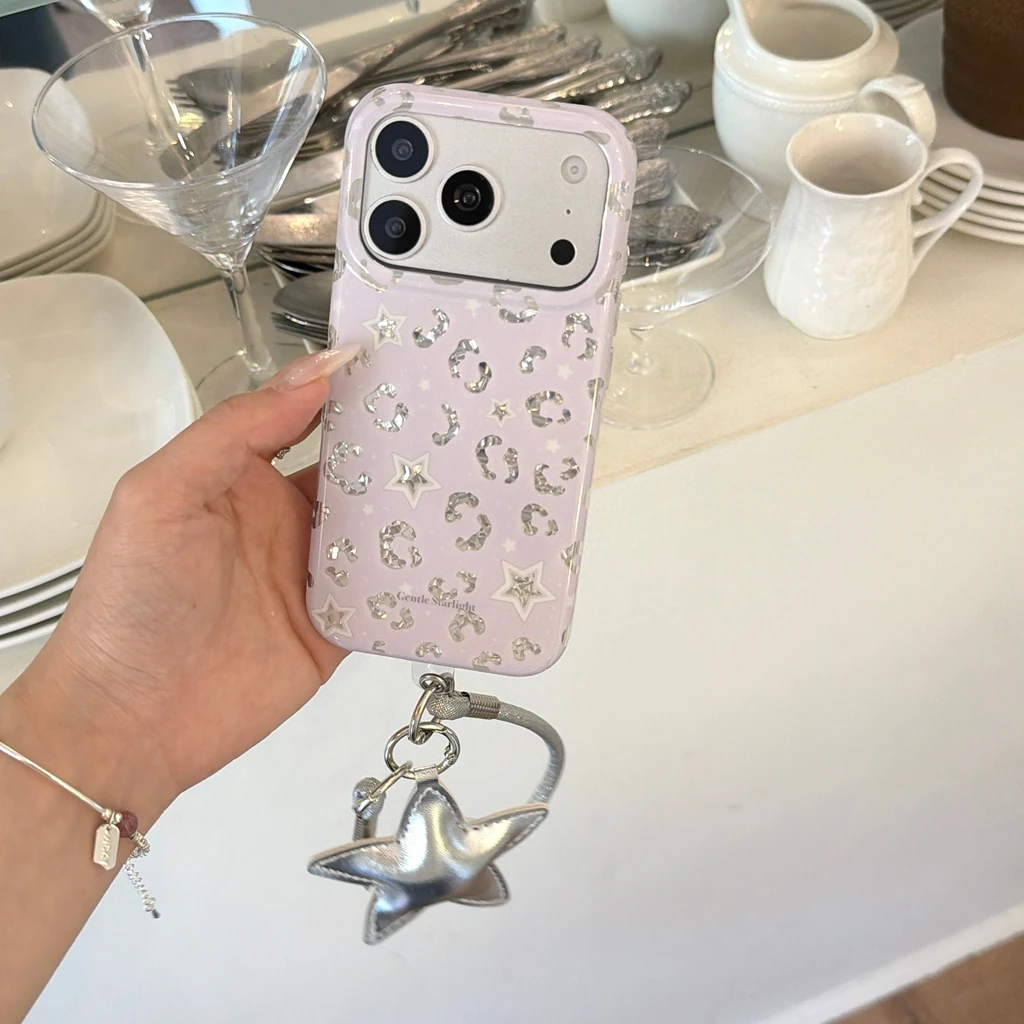 Korean Style Stars Leopard Print Glossy With Pendant Lanyard Shockproof Protective Phone Cover Case for iPhone 17 16 15 Pro Max view 5