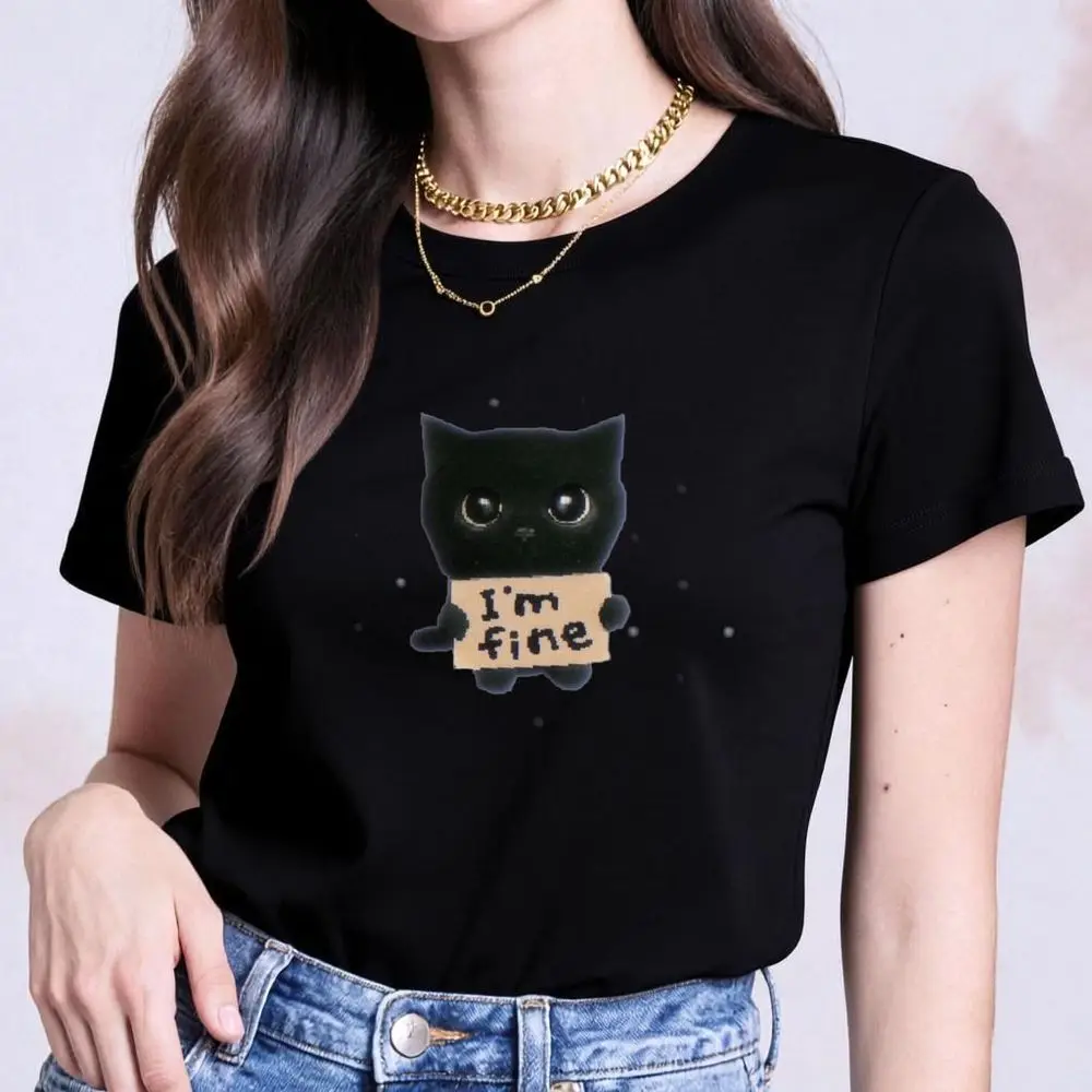 Vintage Black Cat Graphic T-Shirt Im Fine Women Tee Summer Short Sleeve Cute Print Y2k Streetwear Harajuku Casual Female Tops view 3