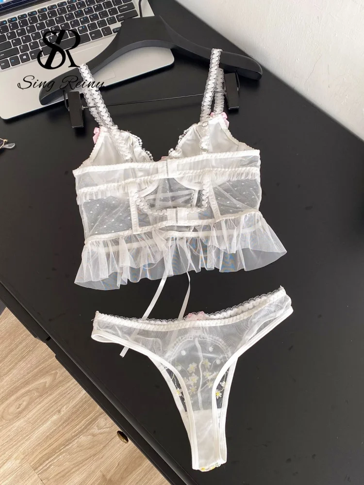 SINGREINY Floral Lace Hotsweet Lingerie Two Piece Sets Women Strap Ruffles Mini Bra+Sheer Thongs Embroidery Mesh Underwear Suits - Image 2