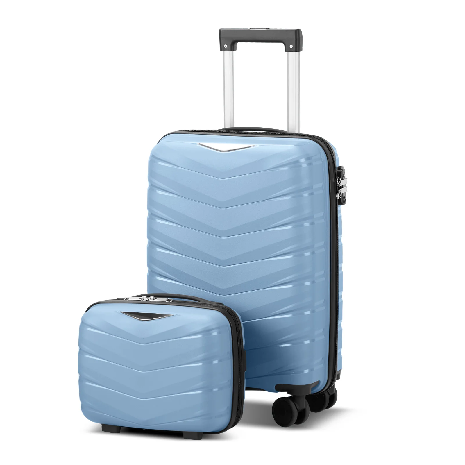 V-shaped stripes 2-piece set with PP handbag PP trolley case 14in 20in PP iron trolley fashionable color - sky blue