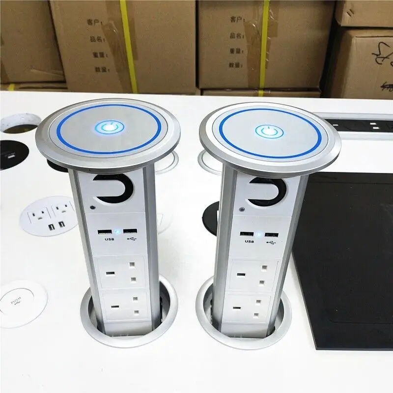 UK Plug Motorized Pop Up Desktop Socket with Speaker Top Wireless Charger